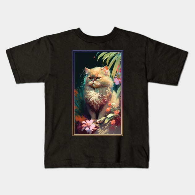 Persian Cat Vibrant Tropical Flower Tall Digital Oil Painting Portrait Kids T-Shirt by ArtHouseFlunky